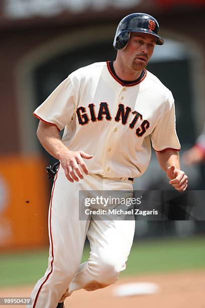 Nate Schierholtz of the San Francisco Giants running the bases during the game against the Philadelphia Phillies at AT&T Park on April 28, 2010 in...