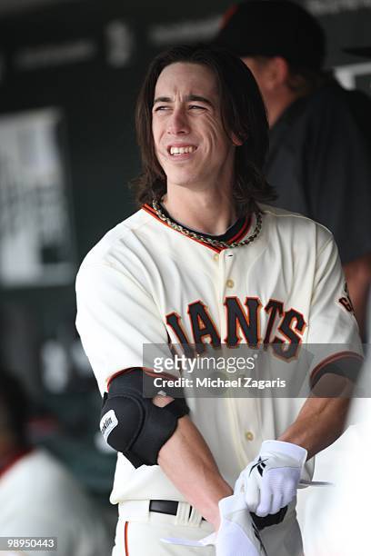 Tim Lincecum of the San Francisco Giants standing in the dugout during the game against the Philadelphia Phillies at AT&T Park on April 28, 2010 in...