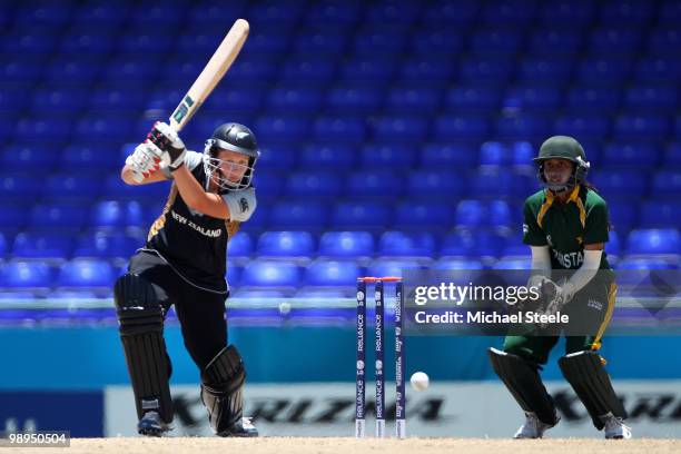 Aimee Watkins of New Zealand plays to the offside as wicketkeeper Syeda Batool Naqvi looks on during the ICC T20 Women's World Cup Group B match...