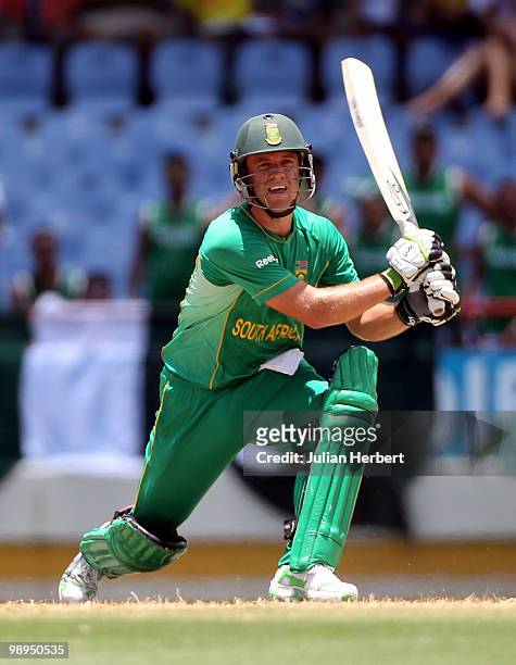 De Villiers of South Africa hits out during the ICC World Twenty20 Super Eight match between Pakistan and South Africa played at the Beausejour...