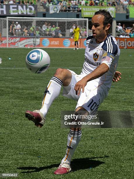 Landon Donovan of the Los Angeles Galaxy controls the ball against the Seattle Sounders FC on May 8, 2010 at Qwest Field in Seattle, Washington.