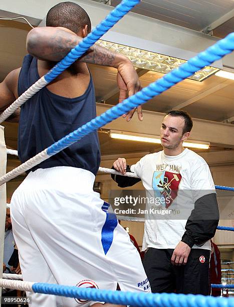 Kevin Mitchell and Jermain Defoe of Tottenham Hotspur chat during the West Ham ABA Finalists photocall at Peacock ABC on May 10, 2010 in London,...