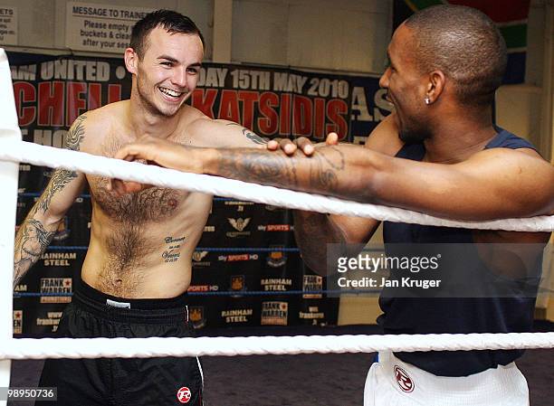 Kevin Mitchell and Jermain Defoe of Tottenham Hotspur share a joke during the West Ham ABA Finalists photocall at Peacock ABC on May 10, 2010 in...