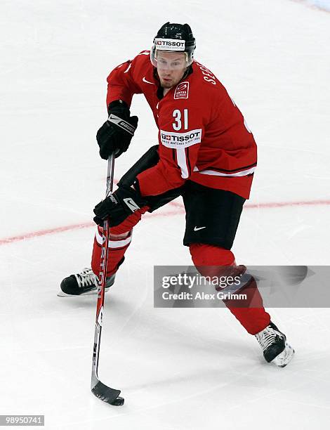 Mathias Seger of Switzerland in action during the IIHF World Championship group B match between Switzerland and Italy at SAP Arena on May 10, 2010 in...