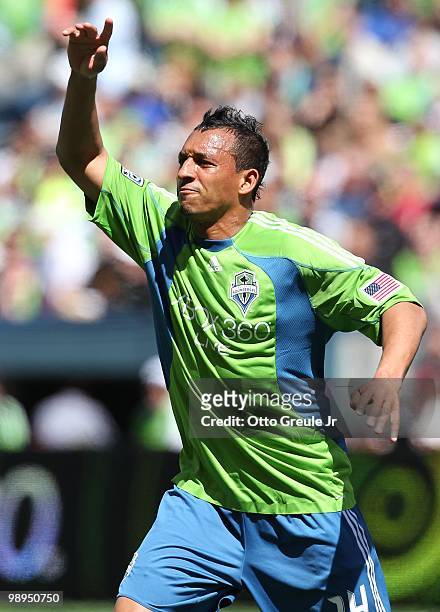 Tyrone Marshall of the Seattle Sounders FC gestures against the Los Angeles Galaxy on May 8, 2010 at Qwest Field in Seattle, Washington.