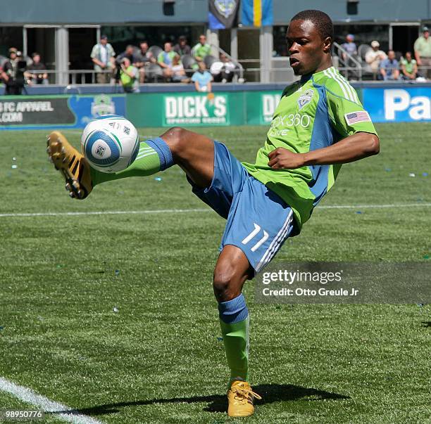 Steve Zakuani of the Seattle Sounders FC passes against the Los Angeles Galaxy on May 8, 2010 at Qwest Field in Seattle, Washington.