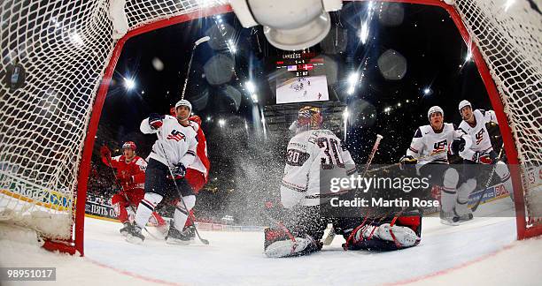 Stefan Lassen of Denmark scores his team's winning goal during overtime during the IIHF World Championship group A match between USA and Denmark at...