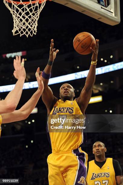 Lamar Odom of the Los Angeles Lakers lays the ball up against the Utah Jazz during Game Two of the Western Conference Semifinals of the 2010 NBA...