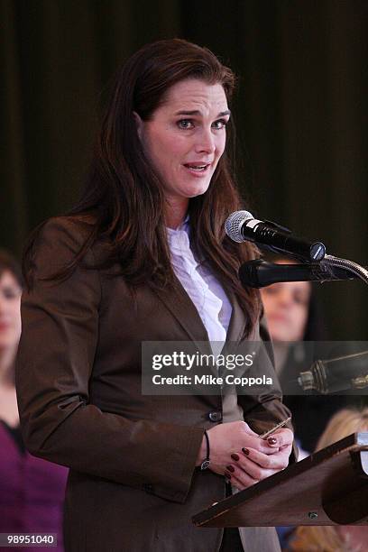 Actress Brooke Shields speaks at the celebration of MOTHERS act, legislation on postpartum depression, which was included in the federal health...