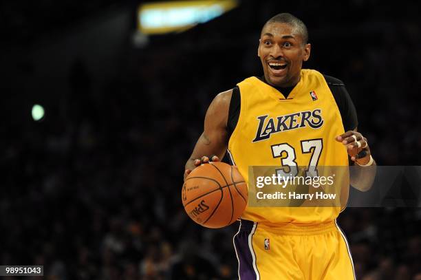 Ron Artest of the Los Angeles Lakers moves the ball against the Utah Jazz during Game Two of the Western Conference Semifinals of the 2010 NBA...