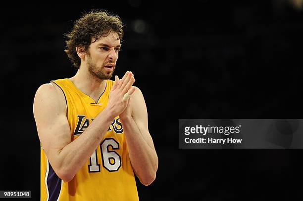 Pau Gasol f the Los Angeles Lakers looks on while taking on the Utah Jazz during Game Two of the Western Conference Semifinals of the 2010 NBA...