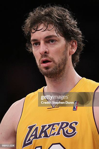 Pau Gasol of the Los Angeles Lakers looks on while taking on the Utah Jazz during Game Two of the Western Conference Semifinals of the 2010 NBA...