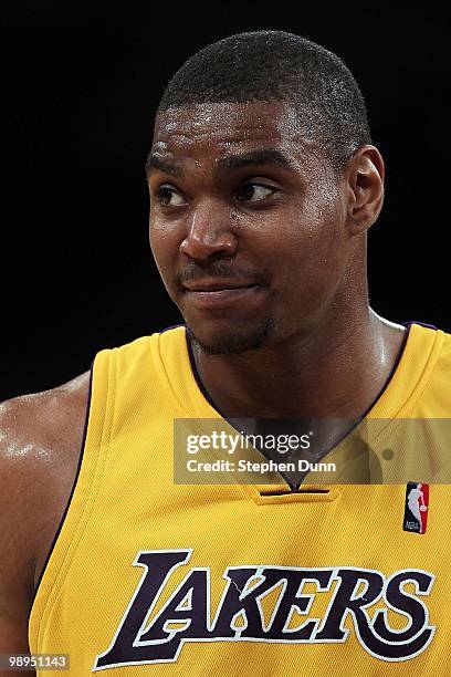 Andrew Bynum of the Los Angeles Lakers looks on while taking on the Utah Jazz during Game Two of the Western Conference Semifinals of the 2010 NBA...