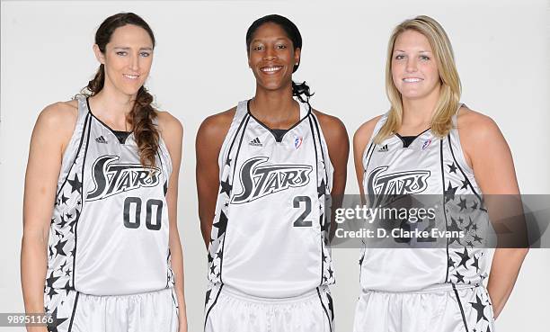 Ruth Riley, Michelle Snow and Jayne Appel of the San Antonio Silver Spurs pose for a portrait during WNBA Media Day on May 10, 2010 at the AT&T...