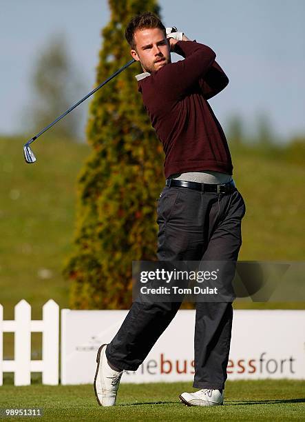 Ashley Foreman of Ballards Gore Golf Club tees off from the 1st hole during the Business Fort plc English PGA Championship Regional Qualifier at Five...