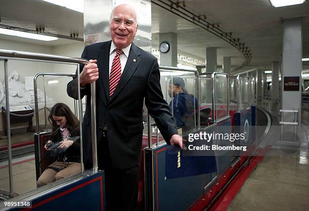 Senator Patrick Leahy, a Democrat from Vermont and chairman of the Senate Judiciary Committee, boards a Capitol subway car following a news...