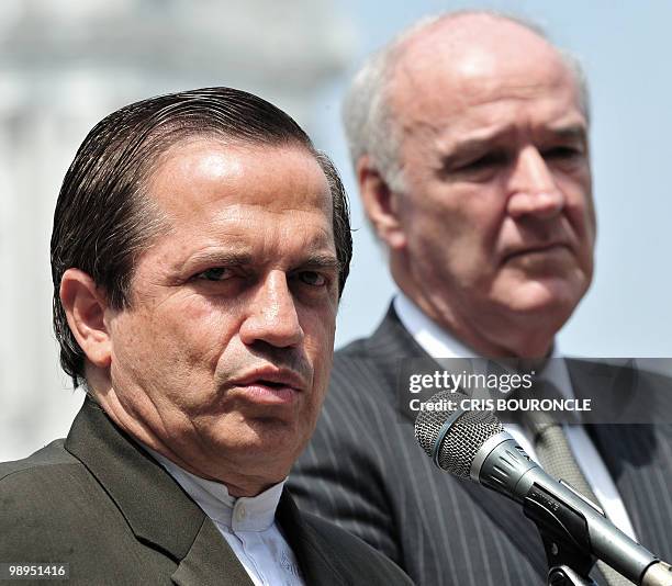 Ecuadorean Foreign Minister Ricardo Patino and his Peruvian counterpart Jose Garcia Belaunde give a short statement to the press after meeting with...