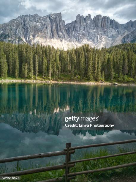 lake carezza and latemar, south tyrol, italy - gebirgskette latemar stock-fotos und bilder