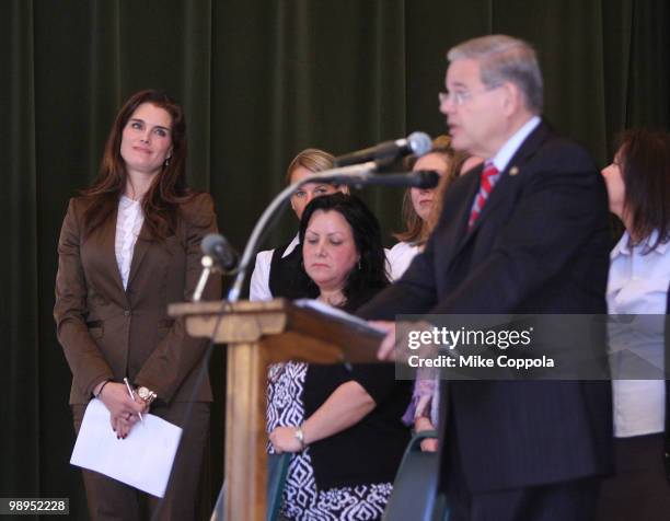 Actress Brooke Shields looks on as U.S. Sen. Robert Menendez speaks at the celebration of the MOTHERS act, legislation on postpartum depression,...