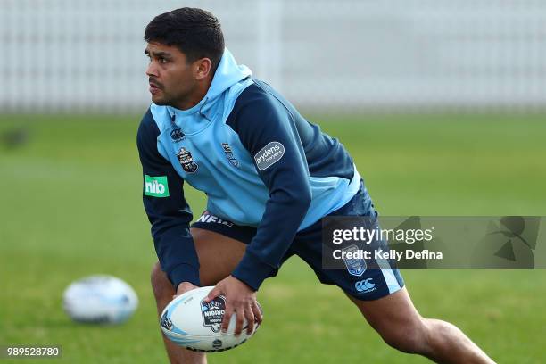 Tyrone Peachey of the Blues passes the ball during a New South Wales Blues State of Origin Recovery Session at Coogee Oval on July 2, 2018 in Sydney,...