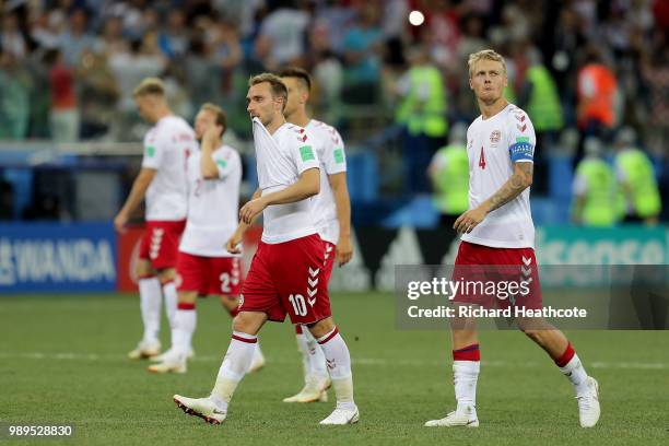 Christian Eriksen of Denmark looks dejected as the lose on penalties to Croatia during the 2018 FIFA World Cup Russia Round of 16 match between...