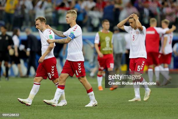 Christian Eriksen of Denmark looks dejected as the lose on penalties to Croatia during the 2018 FIFA World Cup Russia Round of 16 match between...