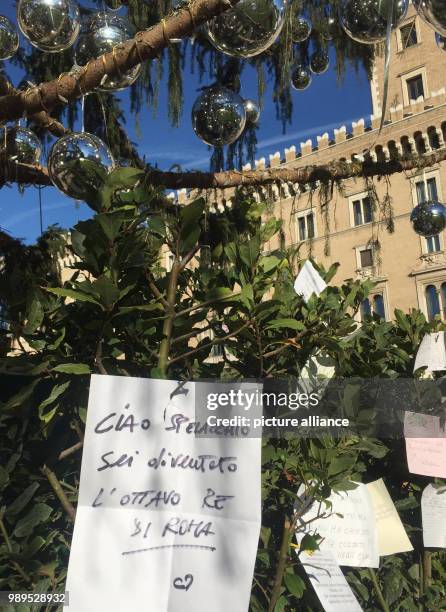 "Ciao Spelacchio, sei diventato l'ottavo re di Roma" is written on a note on the Christmas tree near the Capitoline Hill in Rome, Italy, 23 December...