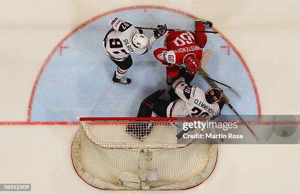 Scott Clemmensen, goalkeeper of USA saves the shot of Mads Christensen of Denmark during the IIHF World Championship group A match between USA and...