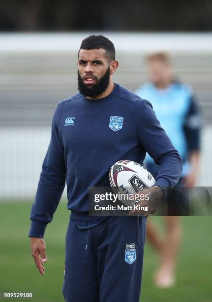 Josh Addo-Carr looks on during a New South Wales Blues State of Origin Recovery Session at Coogee Oval on July 2, 2018 in Sydney, Australia.