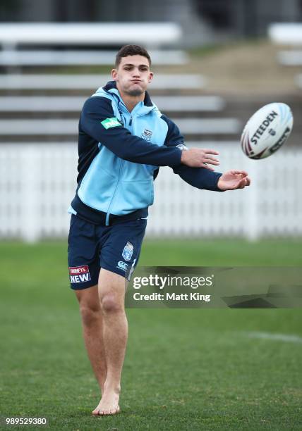 Nathan Cleary takes part in a drill in bare feet during a New South Wales Blues State of Origin Recovery Session at Coogee Oval on July 2, 2018 in...