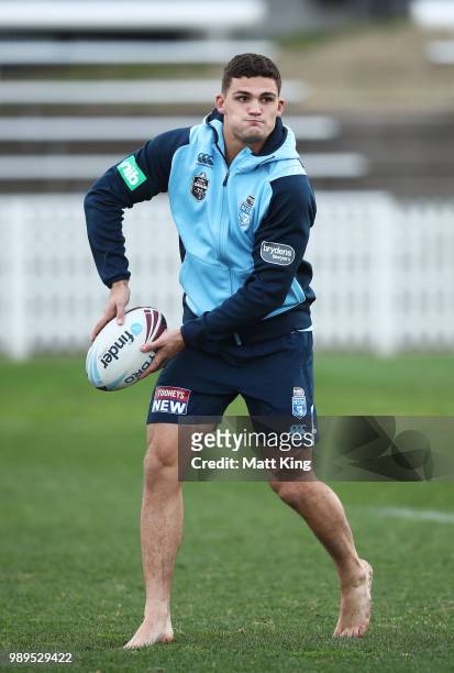 Nathan Cleary takes part in a drill in bare feet during a New South Wales Blues State of Origin Recovery Session at Coogee Oval on July 2, 2018 in...