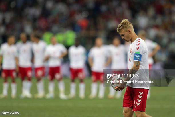 Simon Kjaer of Denmark walks up to take his penalty during the 2018 FIFA World Cup Russia Round of 16 match between Croatia and Denmark at Nizhny...