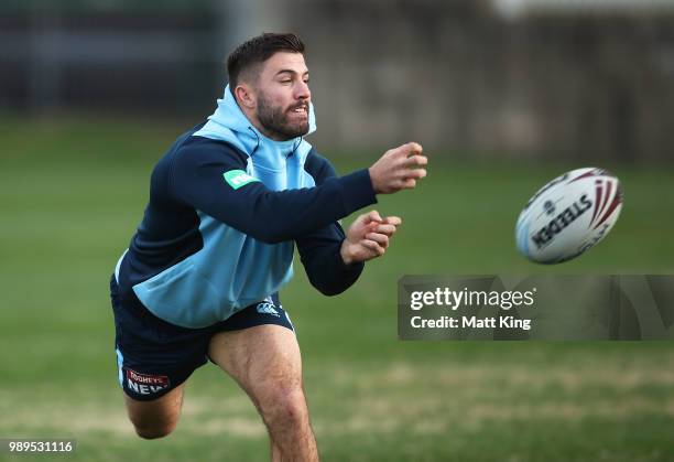 James Tedesco takes part in a drill in bare feet during a New South Wales Blues State of Origin Recovery Session at Coogee Oval on July 2, 2018 in...