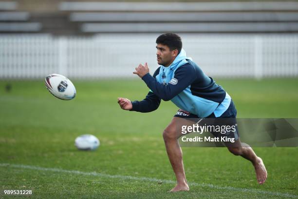 Tyrone Peachey takes part in a drill in bare feet during a New South Wales Blues State of Origin Recovery Session at Coogee Oval on July 2, 2018 in...