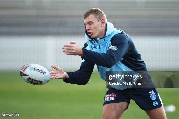 Tom Trbojevic takes part in a drill in bare feet during a New South Wales Blues State of Origin Recovery Session at Coogee Oval on July 2, 2018 in...