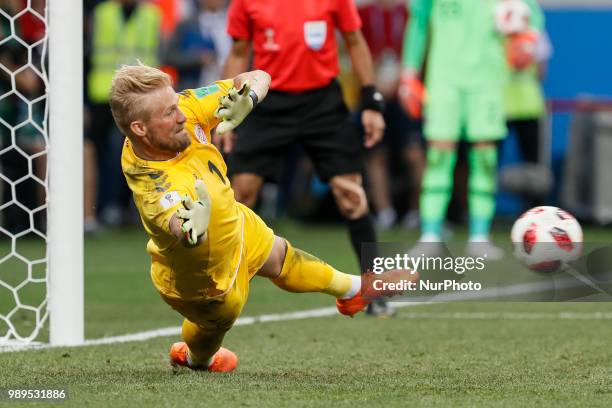 Kasper Schmeichel of Denmark national team saves a penalty shot during the 2018 FIFA World Cup Russia Round of 16 match between Croatia and Denmark...