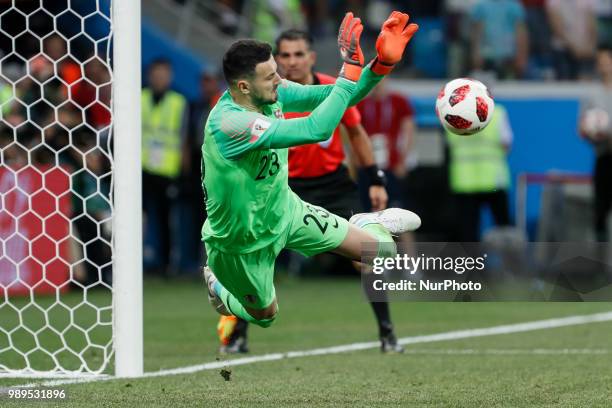Danijel Subasic of Croatia national team saves a penalty shot during the 2018 FIFA World Cup Russia Round of 16 match between Croatia and Denmark on...