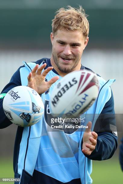 Jack de Belin of the Blues particpates in a drill during a New South Wales Blues State of Origin Recovery Session at Coogee Oval on July 2, 2018 in...