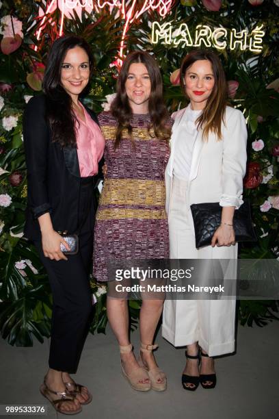 Simin Tander, Jessica Weiss and Mina Tander attend the Journelles X She's Mercedes Pre-Fashion Week Dinner In Berlinon July 1, 2018 in Berlin,...