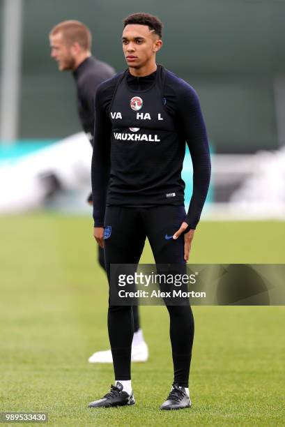 Trent Alexander-Arnold of England looks on during the England training session at the Stadium Spartak Zelenogorsk on July 2, 2018 in Saint...