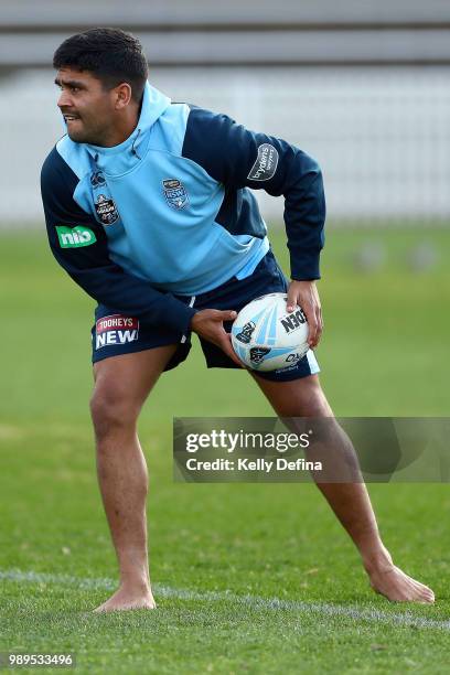 Tyrone Peachey of the Blues passes the ball during a New South Wales Blues State of Origin Recovery Session at Coogee Oval on July 2, 2018 in Sydney,...