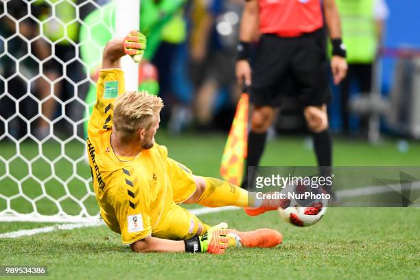 Kasper Schmeichel of Denmark saved a penlty during the 2018 FIFA World Cup Round of 16 match between Croatia and Denmark at Nizhny Novgorod Stadium...