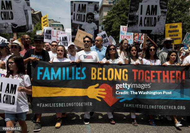 Lin-Manuel Miranda, marches during the Families Belong Together march, in Washington, DC, June 30, 2018.