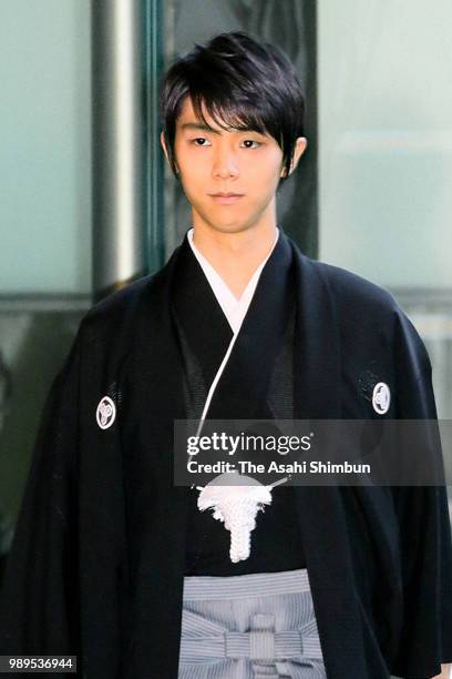 Two-time Olympic figure skating Men's Singles gold medalist Yuzuru Hanyu is seen on arrival at the prime minister's official residence to attend the...