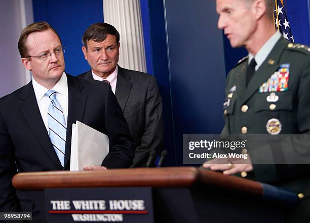 Military commander in Afghanistan General Stanley McChrystal speaks as Ambassador to Afghanistan Karl Eikenberry and White House Press Secretary...