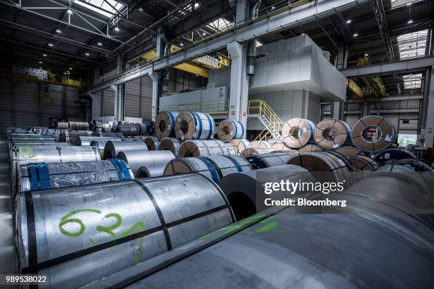 Rolls of aluminium sheet sit in storage at the Kia Motors Slovakia plant in Zilina, Slovakia, on Monday, May 14, 2018. European Union leaders vowed...