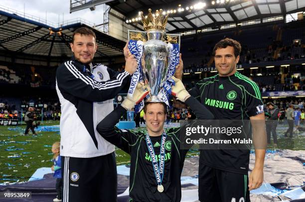 Chelsea's Ross Turnbull, Petr Cech and Henrique Hilario celebrate with the trophy after winning the league with an 8-0 victory during the Barclays...