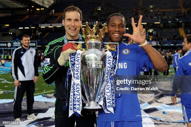 Chelsea's Petr Cech and Didier Drogba celebrate after winning the league with an 8-0 victory during the Barclays Premier League match between Chelsea...