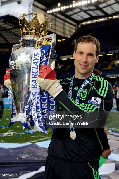 Chelsea's Petr Cech celebrates with the trophy after winning the league with an 8-0 victory during the Barclays Premier League match between Chelsea...