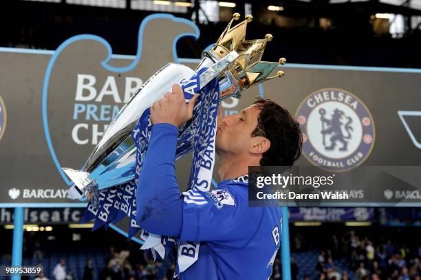 Chelsea's Juliano Belletti celebrates after winning the league with an 8-0 victory during the Barclays Premier League match between Chelsea and Wigan...